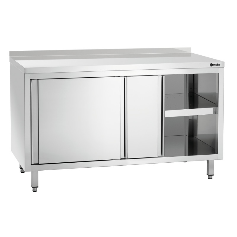 Meuble en Inox avec Portes Coulissantes, Etagère et Dosseret - L 1400 mm Meuble en Inox avec Portes Coulissantes, Etagère et Dosseret - L 1400 mm