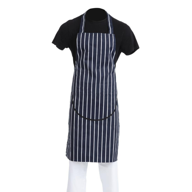Tablier Bavette Avec Poche Rayé Marine Et Blanc 965 X 710 Mm - Whites Chefs Clothing - Fourniresto Tablier Bavette Avec Poche Rayé Marine Et Blanc 965 X 710 Mm - Whites Chefs Clothing - Fourniresto
