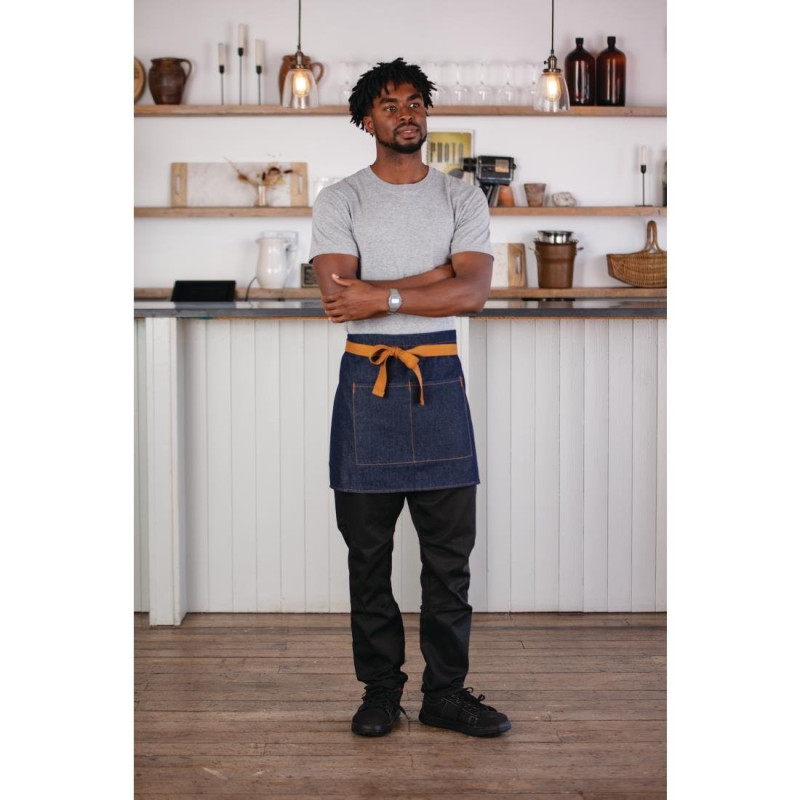 Blue Denim Server Apron with Ochre Cotton Belt 700 x 430 mm - Whites Chefs Clothing - Fourniresto Blue Denim Server Apron with Ochre Cotton Belt 700 x 430 mm - Whites Chefs Clothing - Fourniresto
