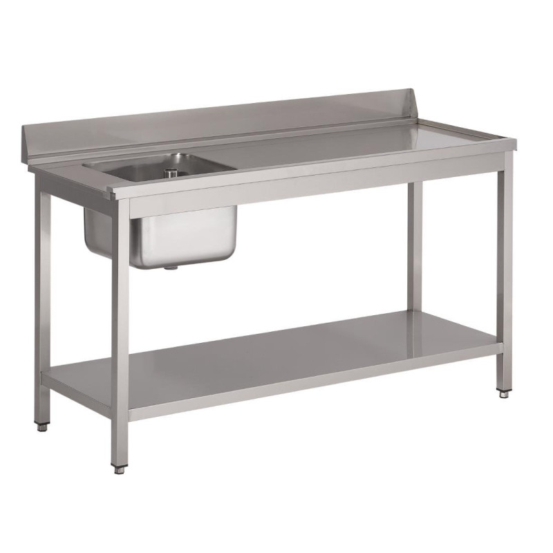 Stainless Steel Dishwasher Entry Table With Left Sink, Backsplash, And Lower Shelf - W 1400 x D 700mm - Gastro M Stainless Steel Dishwasher Entry Table With Left Sink, Backsplash, And Lower Shelf - W 1400 x D 700mm - Gastro M