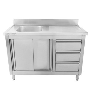 Meuble Plonge 1 Bac mit Rückwand und 3 Schubladen - 1200 x 600 mm - Becken links - Dynasteel