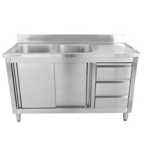 Sink Unit 2 Basins with Backsplash and 3 Drawers - 1400 x 600 mm - Basin on the Left - Dynasteel
