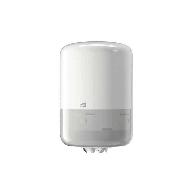 Witte dispenser voor Tork Elevation met centrale rolhouder. Witte dispenser voor Tork Elevation met centrale rolhouder.