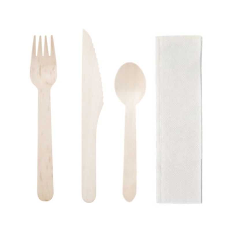 Couverts en Bouleau - Kit 4 Pièces : Couteau, Fourchette, Cuillère, Serviette - Lot de 250 Couverts en Bouleau - Kit 4 Pièces : Couteau, Fourchette, Cuillère, Serviette - Lot de 250