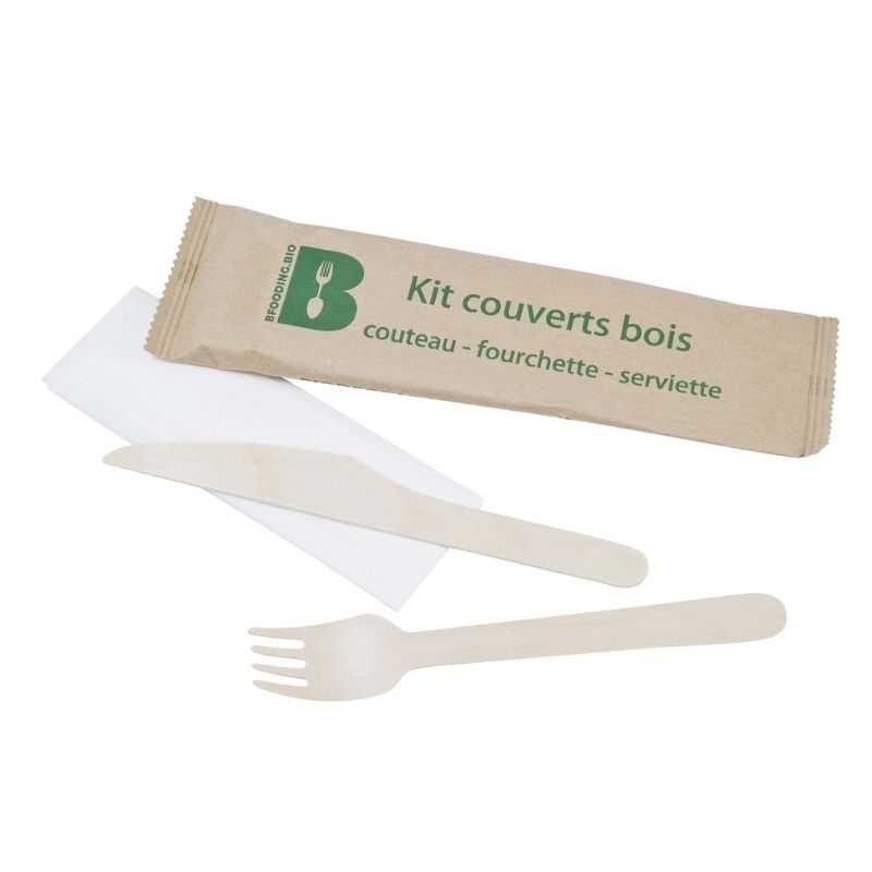 Birkenholz-Besteck - 3-teiliges Set: Messer, Gabel und Serviette - Packung mit 250 Birkenholz-Besteck - 3-teiliges Set: Messer, Gabel und Serviette - Packung mit 250